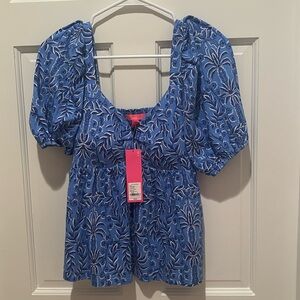 Lilly Pulitzer Floriana Knit Off Shoulder Babydoll Top Abaco Blue Size S